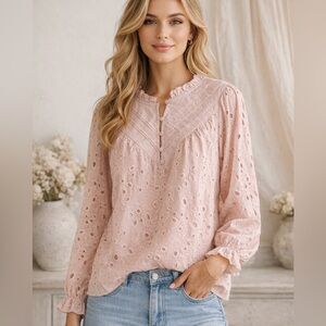 Pretty Garden Womens L Pink Eyelet Ruffle Neck Lined Cottagecore Blouse Romantic